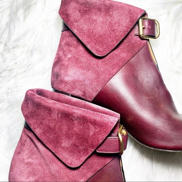 CHLOÉ Burgundy Red Suede Foldover Chunky Heel Booties, Size 38 - Picture 5 of 14